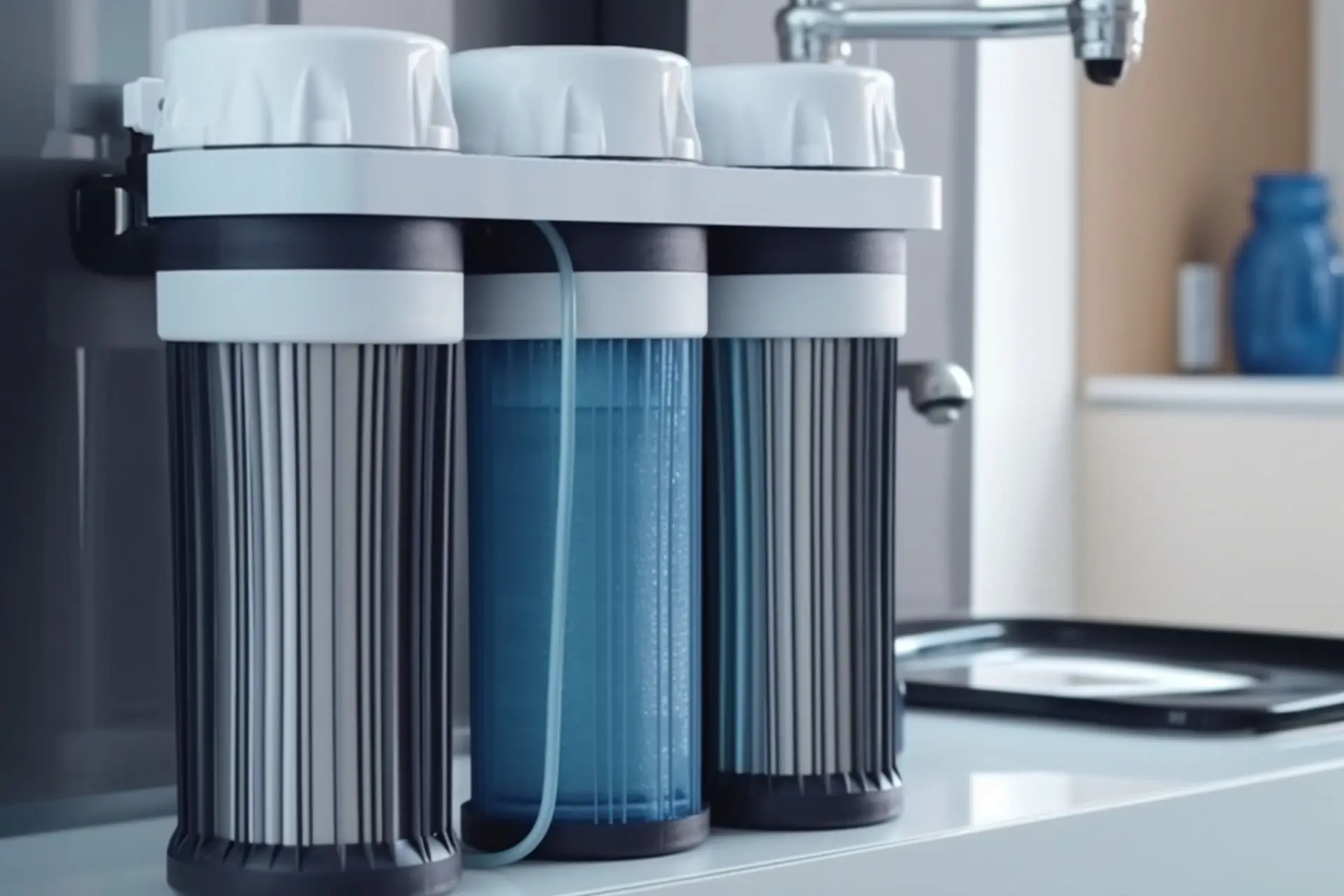 Three-stage water filter in a modern kitchen